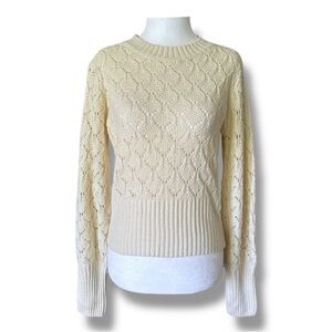 Cream Lace Pattern Knit Crew Neck Sweater